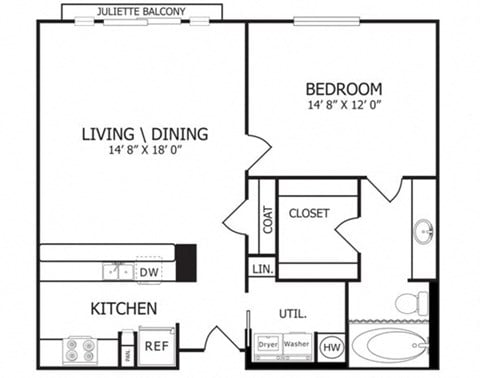 Floor plan for 1 bed, 1 bath, 804 sqft